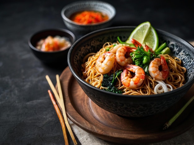 Shrimp and Noodles in Black Bowl