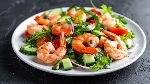 Photo shrimp salad on black background healthy seafood with prawns on white plate