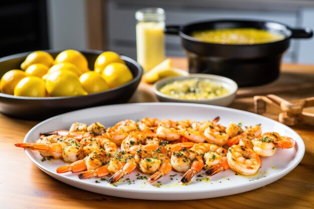 Shrimp skewers accompanied by a bowl of freshly made garlic butter