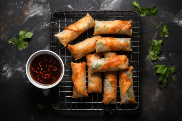 Photo shrimp spring rolls deep fried sauce table food