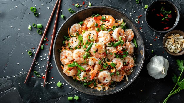 Photo shrimp stirfry with sesame seeds and green onions