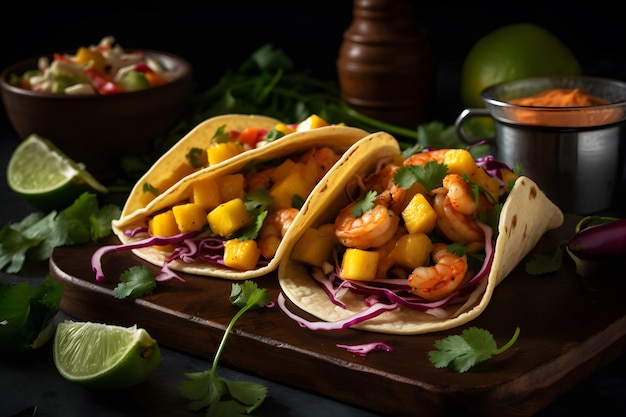 Shrimp tacos on a cutting board with mango salsa