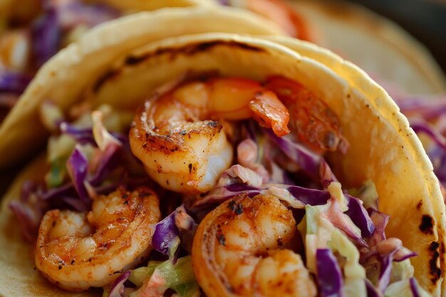 Photo shrimp tacos with cabbage slaw and grilled shrimp closeup view