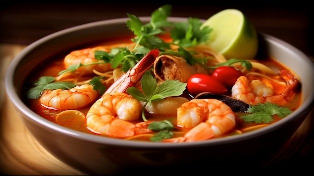 Shrimp Tom Yum Soup a Spicy Delight A eye catching illustration created using generative AI tools