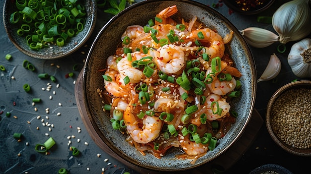 Photo shrimp with scallions sesame seeds and chili flakes