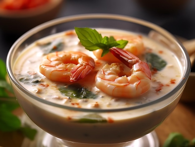 Shrimps in coconut sauce on a glass plate Ai Generative