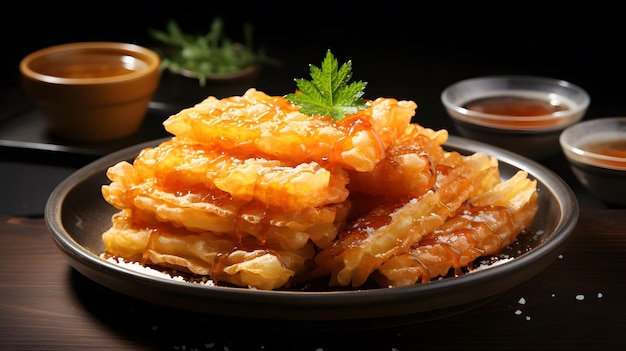 shrimps tempura on plate with soy sauce on black background