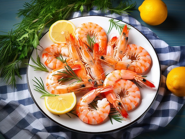 Shrimps with Rosemary and Lemon Garnish on Plate Healthy Seafood Delight