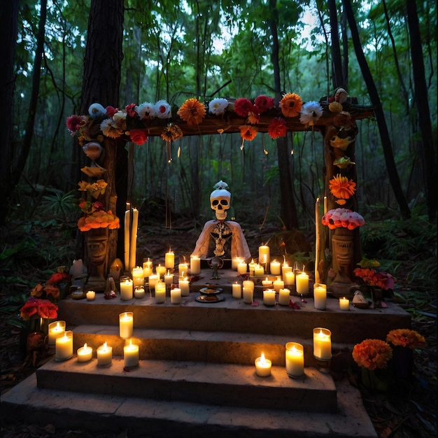 Photo a shrine with candles and flowers on it