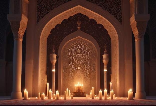 a shrine with candles in front of it with a lit candle inside