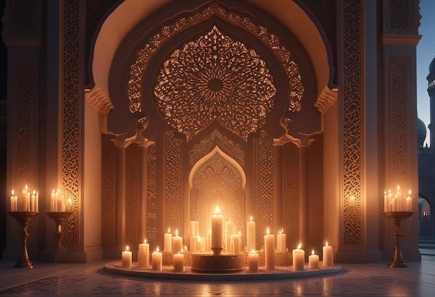 a shrine with candles and a mosque with a large stone arch with a large stone arch in the center