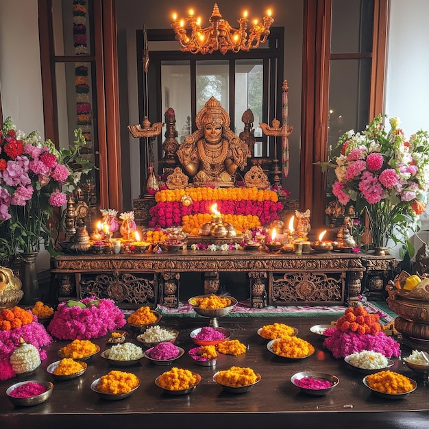 a shrine with flowers and candles on it