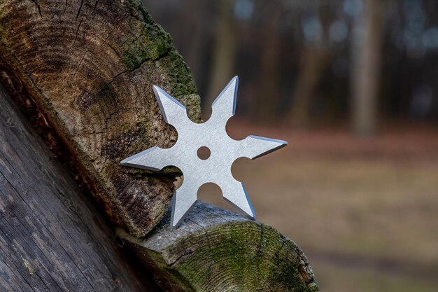 Shuriken throwing star traditional japanese ninja cold weapon stuck in wooden background