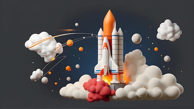 Shuttle launch 3D rocket in space and clouds Business startup and business growth concept