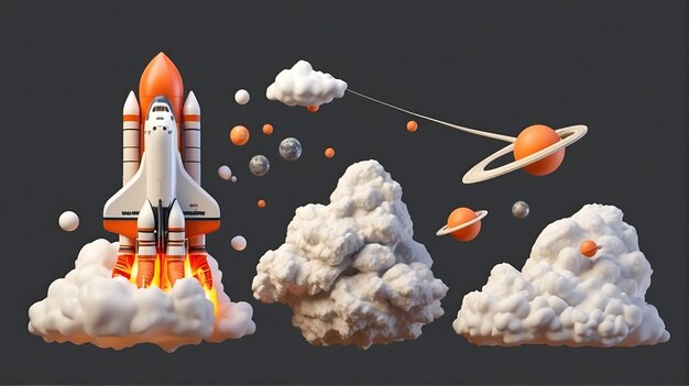 Shuttle launch 3D rocket in space and clouds Business startup and business growth concept