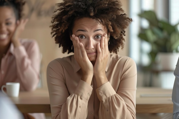 Shy female employee embarrassed and nervous during public speaking