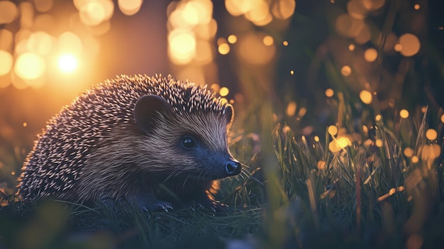 Photo shy hedgehog curled up in the grass with the soft glow of the setting sun warm evening light