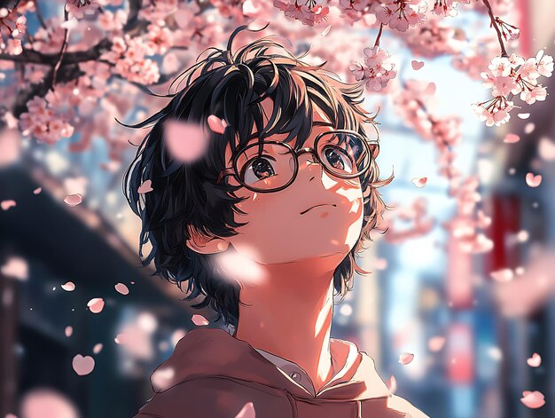 Shy Schoolboy with Glasses Under a Cherry Blossom Tree