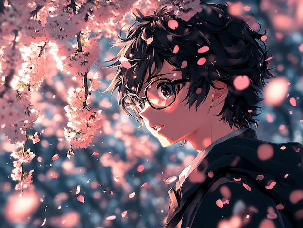 Shy Schoolboy with Glasses Under a Cherry Blossom Tree