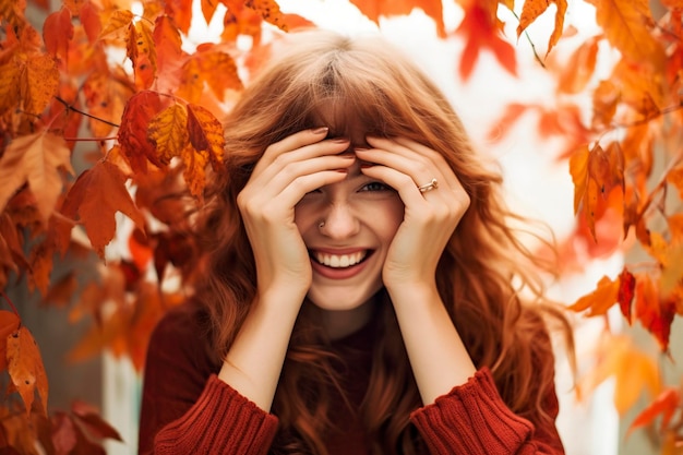 Shy woman in red coat smiles while hiding her face with her hands between the leaves Ai generated