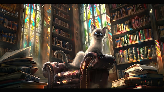 A Siamese cat perched on a leather armchair in a grand library