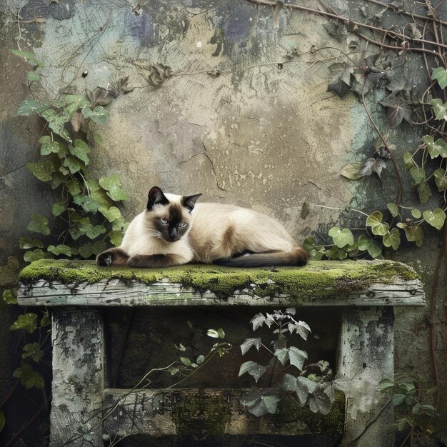 Photo a siamese cat relaxing on a mossy bench framed by green vines