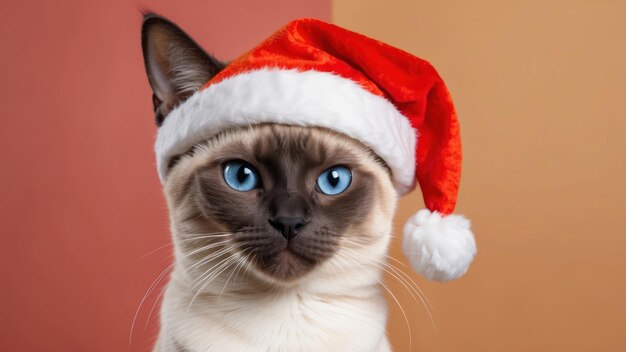 Siamese cat in a Santa hat on orange background perfect for holiday and festive promotions