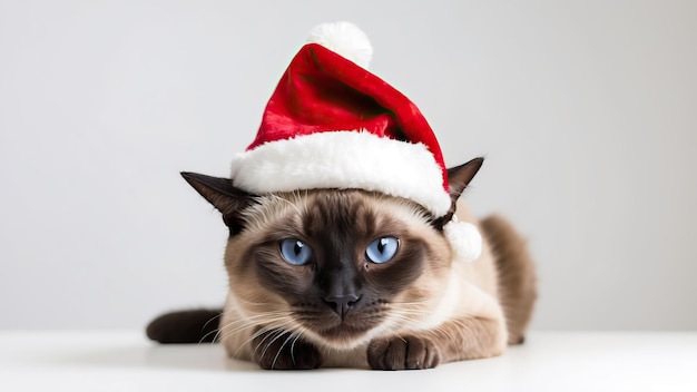 Siamese cat in Santa hat on white background with Christmas gifts and tree Festive scene