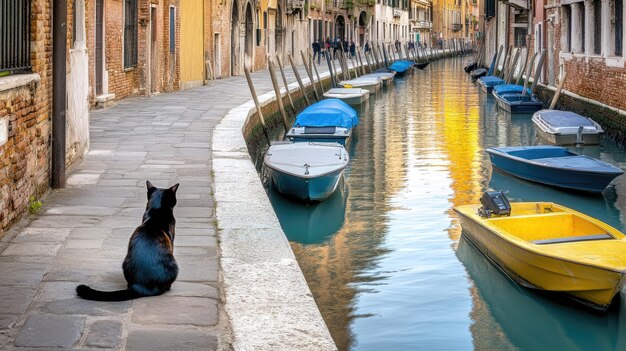 Photo a siamese cat sits gracefully at the edge of venice s canals surrounded by autumn leaves while people in traditional costumes stroll by in the warm autumn sunlight