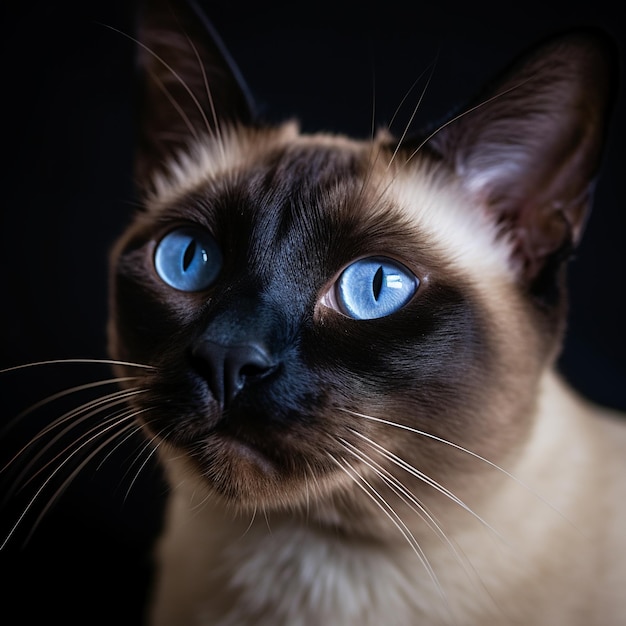 A siamese cat with blue eyes is sitting in front of a black background.