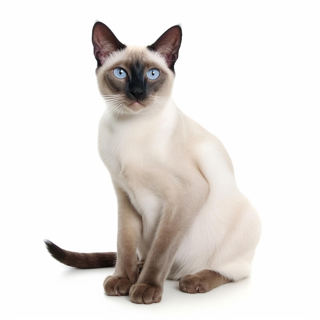 A siamese cat with blue eyes sits on a white background.