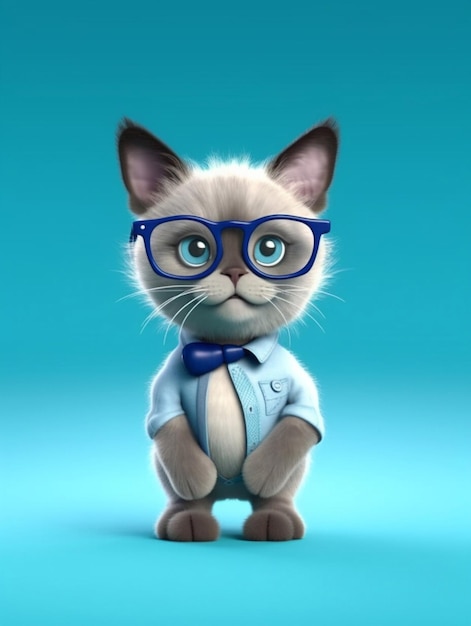 Siamese kitten wearing eyeglasses and bow tie on blue background