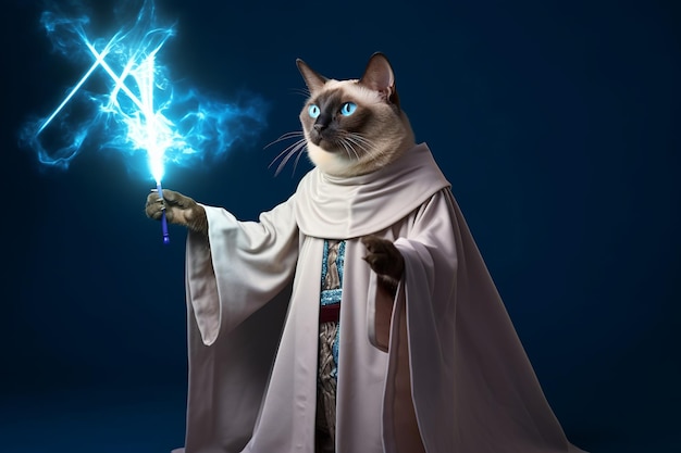 Siamese wizard cat in white robe cast a spell studio photography copy space