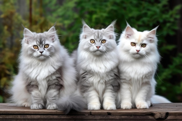 Siberian breed cats with long hair and lovely kittens in a garden