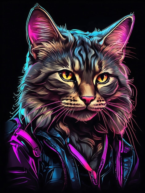 Siberian cat in a leather jacket Vector illustration on black background