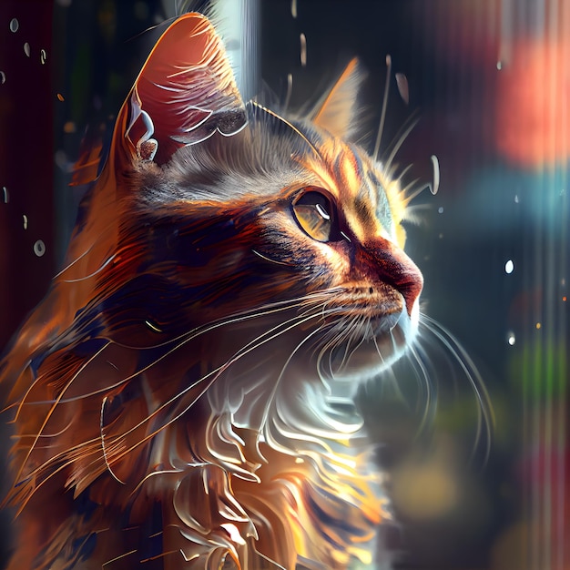 Siberian cat in the rain Digital painting with a double exposure effect