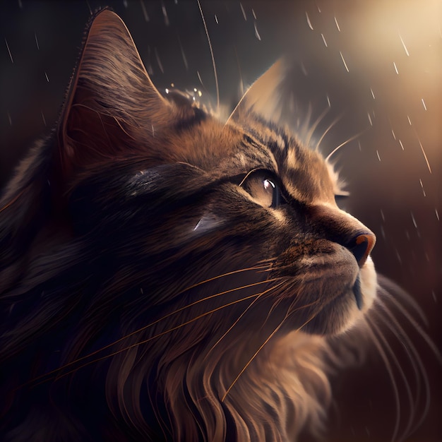 Siberian cat in the rain Portrait of a cat