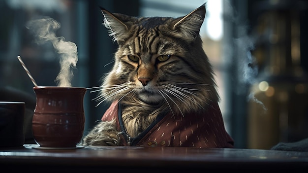 Siberian cat in a red shirt sits in a cafe and smokesgenerative ai