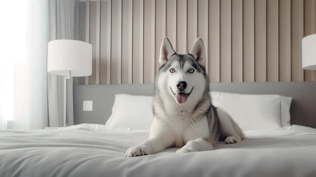 Siberian huskey is lying on bed in hotel room with contemporary interior