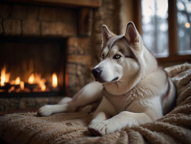 a Siberian Husky dog is laying on a blanket in front of a fireplace