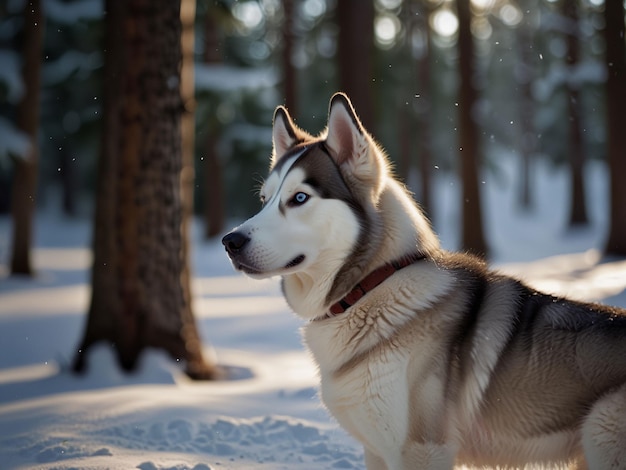 Photo a siberian husky dog is standing in the snow with the sun shining through the trees