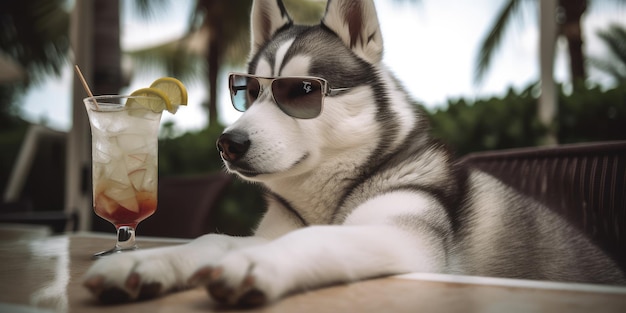 Siberian Husky dog is on summer vacation at seaside resort and relaxing rest on summer beach of Hawaii