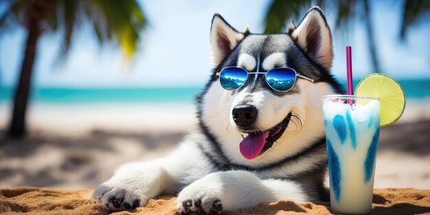 Siberian Husky dog is on summer vacation at seaside resort and relaxing rest on summer beach of Hawaii