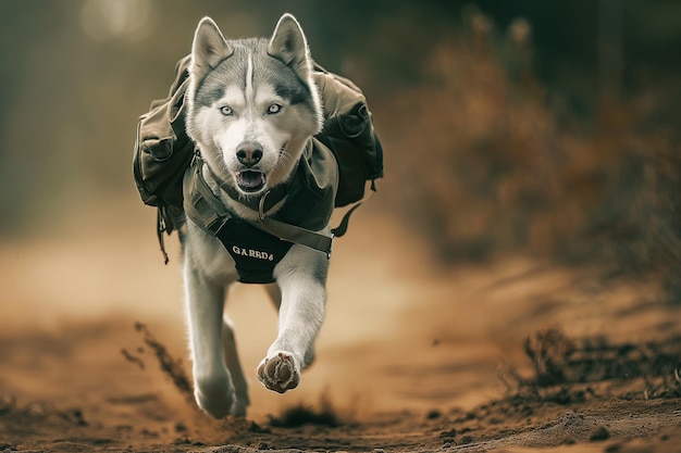 Siberian Husky Dog in Military Uniform Racing Ahead