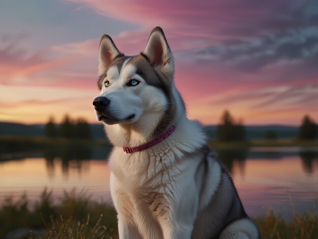 a Siberian Husky dog that is sitting by a lake with the sunset in the background