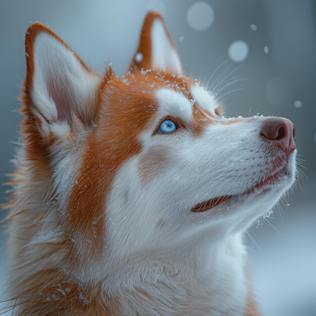 Photo siberian husky gazing upward with blue eyes in falling snowflakes