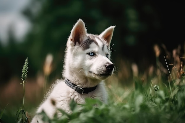 Siberian Husky puppy sitting on the grass in the park Cute Siberian husky puppy sitting in the green field Ai generated