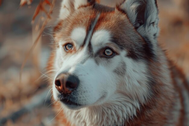 Photo siberian husky with brown eyes and white coat sled dog breed friendly outdoor portrait with forest background walking with adult pet