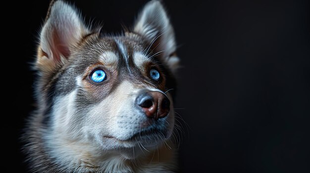 Siberian Husky with brown furs and blue eyes on a black background in color