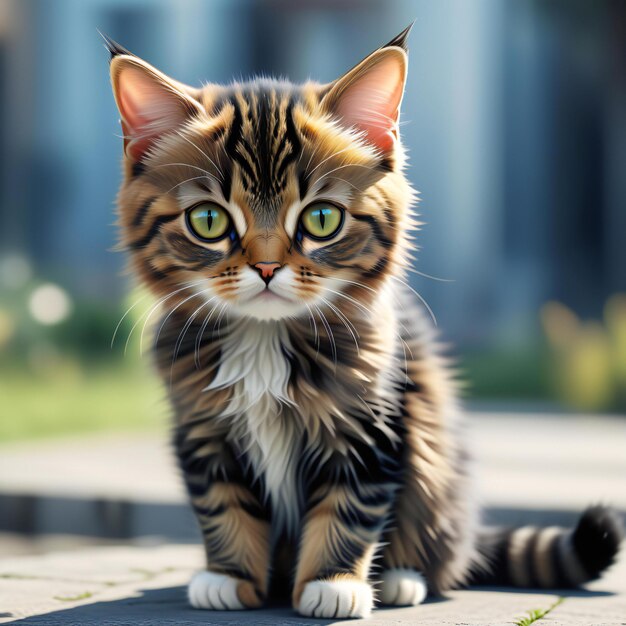 Siberian kitten sitting on the street and looking at the camera